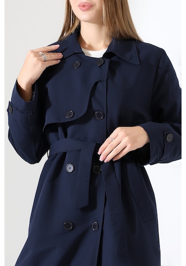 Amazon Keten Kumaş Uzun Boy Düğmeli Astarlı Yumuşak Dokulu Trenç Kot Lacivert Lacivert