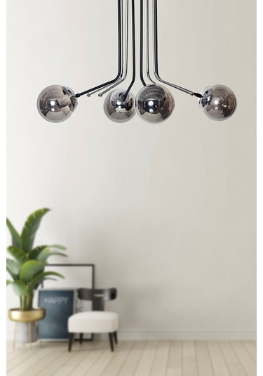 Luzarana Optik 4 Lü Krom Siyah Metal Gövde Füme Camlı Tasarım Lüx Avize Çok Renkli