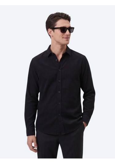 Kip Siyah Regular Fit Dokuma Casual %100 Pamuk Gömlek