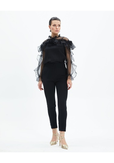 Kadın Volan Detaylı Şifon Bluz Çiçek Yaka Tasarım, Uzun Kollu Siyah