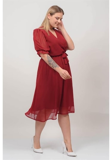Dip Moda Kadın Astarlı Büyük Beden Şifon Elbise Dpnb8062 Bordo