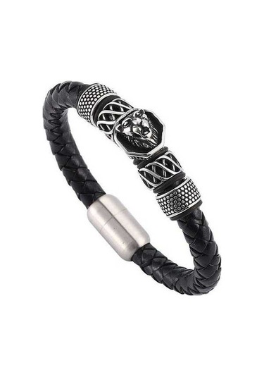Fastbuy Trend Aslan Başı Çelik Boncuk Erkek Deri Bileklik Siyah Tokalı Hediye Takı Siyah