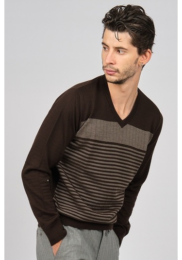 Desen Triko Erkek Desenli V Yaka Yün Kazak 0249640 Kahverengi Kahverengi