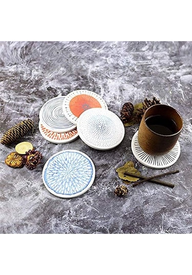 İçecekler İçin 6'lı Bardak Altlığı Seti Emici Yuvarlak Seramik Taş Bardak Altlığı Çok Renkli