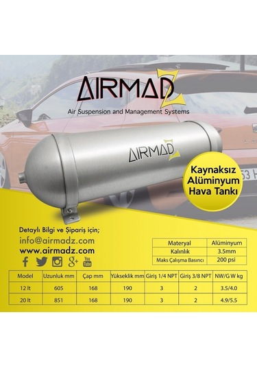 Kaynaksız Aluminyum Hava Tankı  20 Litre