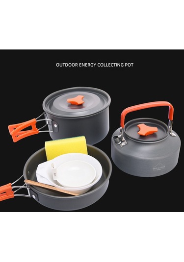 Wıdesea Wsc-203J 2-3 Kişilik Alüminyum Kamp Tencere Seti Çaydanlık Kızartma Tavası Bpa Içermez Fda Sertifikalı Değil - Gri/Turuncu