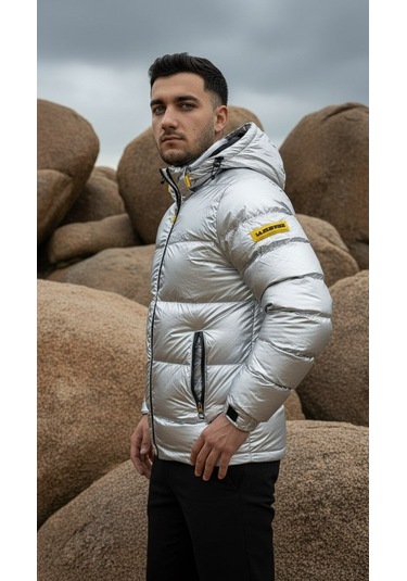 Erkek Gümüş Renk Kapüşonlu Şişme Mont Su Geçirmez Parlak Kaban Gümüş