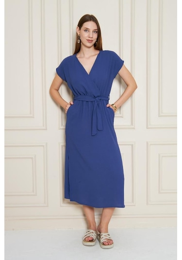 Kadın Kruvaze Yaka Cepli Derin Yırtmaçlı Beli Lastikli Aerobin Günlük Yazlık Elbise 3764341 İndigo