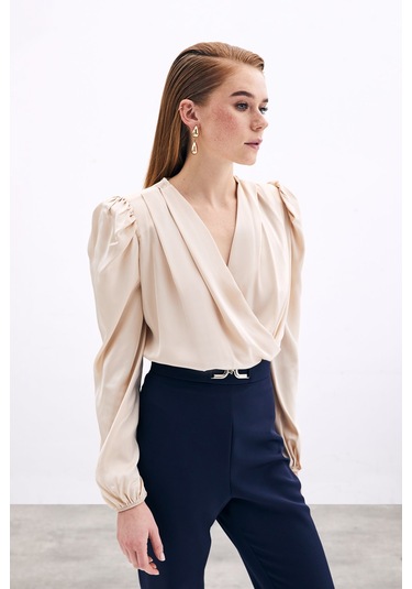 Sateen Kruvaze Vatkalı Bodysuit - Bej