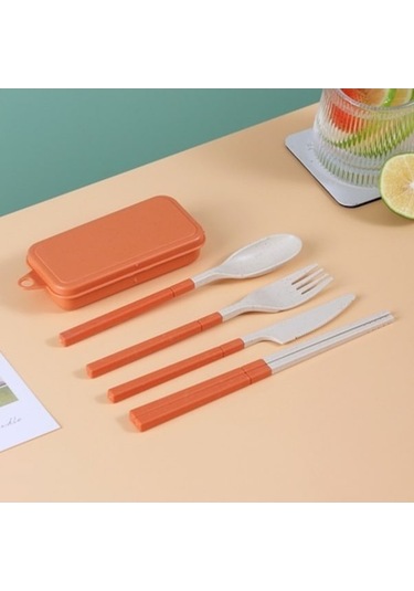 Yeniden Kullanılabilir Seyahat Kamp Beslenme Çantası İçin Kaşık Çatal Set Turuncu Turuncu