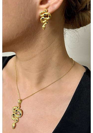 18k Altın Kaplamalı 925 Ayar Gümüş Yılan Set - 67021702 Altın