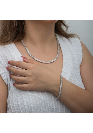 Blackcraft Gümüş Beyaz Taşlı Su Yolu Kadın Set Bc-68a809 Beyaz