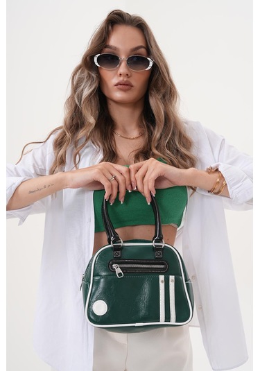 Kadın Retro Spor Ayarlanbilir Askılı El Kol Ve Omuz Çantası Yeşil - Beyaz
