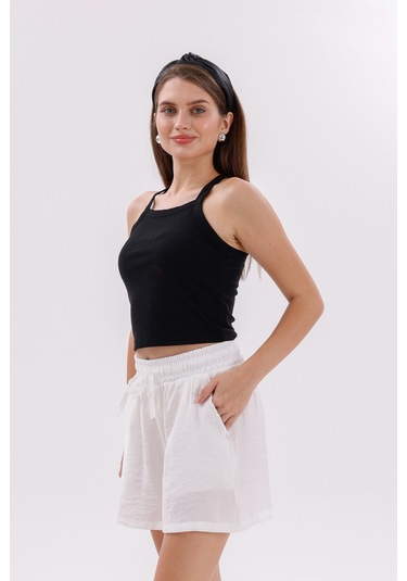 Genius Store Genıus Store Kadın Şort Aerobin Pamuklu Cepli Çekmez Kumaş Beli Lastikli Şort Beyaz