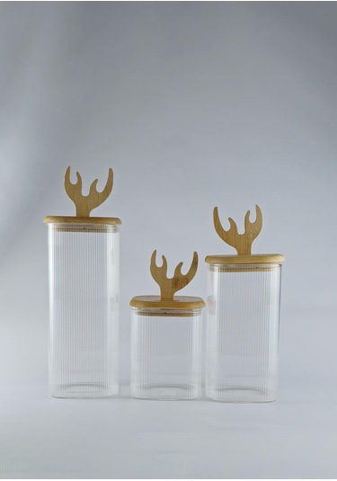 Boynuz Şekilli Bambu Kapaklı Cam Kavanoz Seti - Borosilikat Kavanoz Takımı - 3'lü Set - Kare Bambu