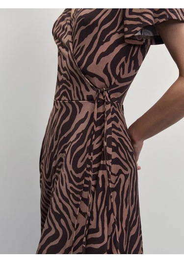 Zarına Kısa Kollu Midi Elbise, Çapraz Bağlamalı 218368967 Kahverengi