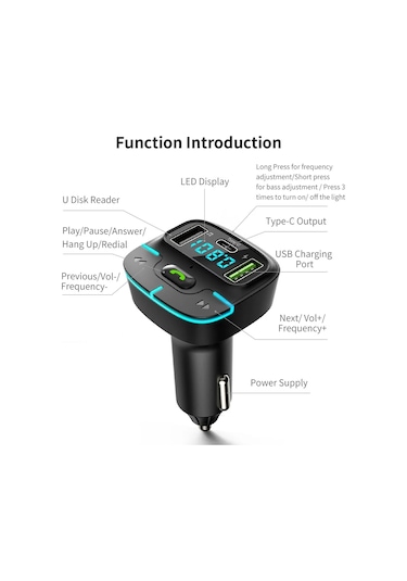 Araba Bluetooth Mp3 Çalar Ortam Işığı Şarj Cihazı Siyah