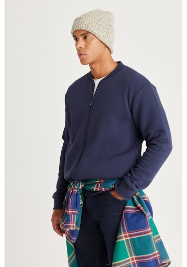 AC&Co / Altınyıldız Classics Erkek Lacı Standart Fit Normal Kesim İçi Polarlı Kolej Yaka Pamuklu Sweatshirt Lacivert