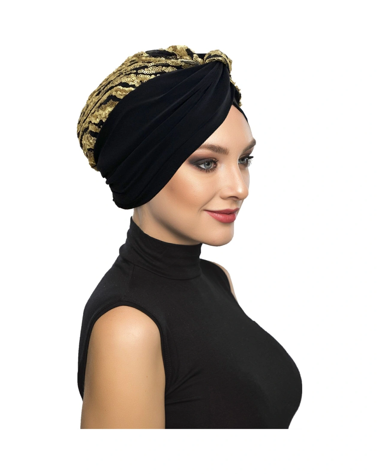 Özel Tasarım Siyah Üzeri Altın Dalgalı Payetli Astarlı Hazır Türban Tesettür Abiye Bone Siyah4