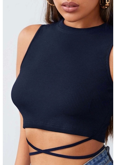 İmoda Kadın Lacivert Çapraz Bağlamalı Crop Top Büstiyer Çok Renkli