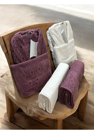 Banyo Çeyiz Seti, %100 Pamuk Bornoz Takımı, 8 Parça Aile Bornoz Seti, Havlu & Havlu Seti Mor-krem Mor