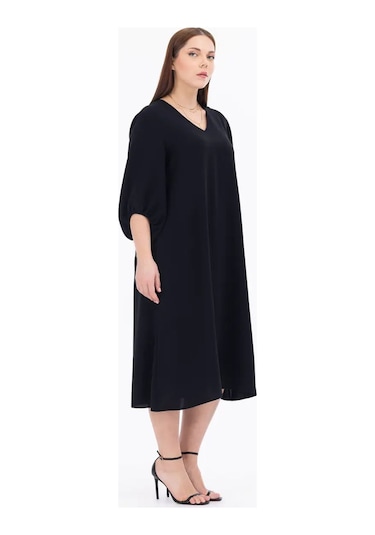 Galaxi Kadın Büyük Beden Midi Boy Truvakar Kol Elbise 1090 Siyah