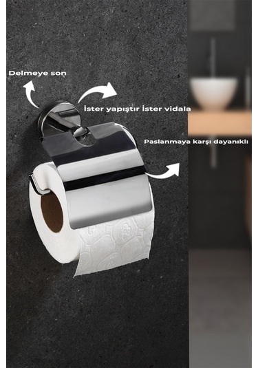Yapışkanlı Tuvalet Kağıtlığı Wc Kağıtlık Tuvalet Kağıdı Askısı Geniş Kapak Krom S-109