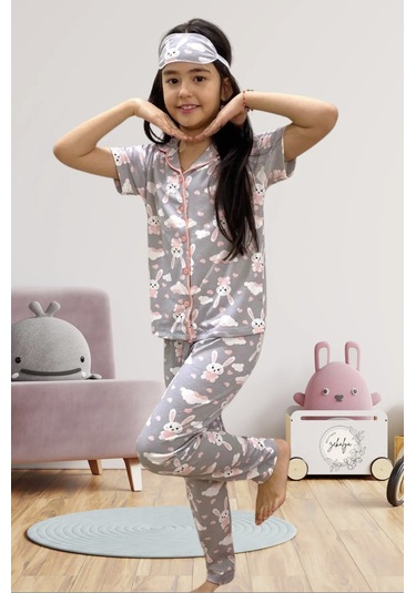 Kız Çocuk Bulut Tavşan Baskılı Kısa Kollu Pijama Takımı Göz Bandı Dahildir 3 Parça Gri Bulut Gri