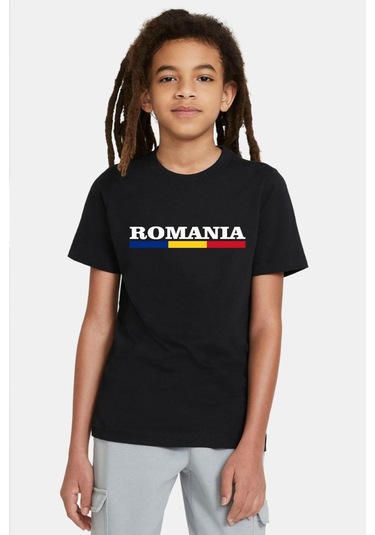 Romania Flag Lettern Siyah Çocuk Tshirt SIYAH