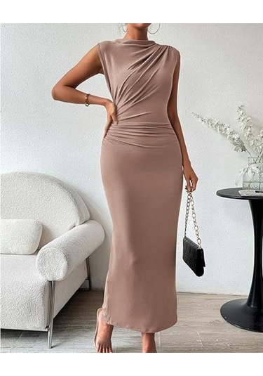 Yaz Kadın Elbisesi Kolsuz Sırt Yırtmaçlı Pileli Dar Elbiseler Haki