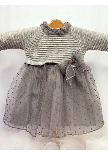Cantoy Kız Bebek Triko Tüllü Şık Elbise-15380 Gri