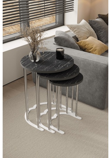 3' Lü Zigon Sehpa Gümüş Ayak Siyah Mermer 18 Mm Mdf Gümüş - Beyaz Mermer