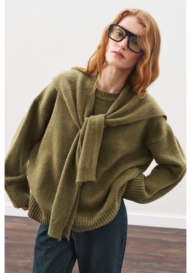 Kare Yaka Bağlamalı Triko Atkı Koyu Yeşil Koyu Yeşil