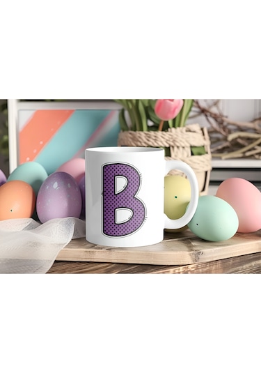 B Harfi Mor Puantiyeli Kupa Bardak - Polka Dot Tasarım Kahve Çay Bardak - Kişiye Özel Hediyelik Beyaz