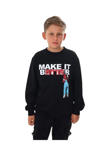 Erkek Çocuk Make It Better Yazılı Sweatshirt-13415-siyah
