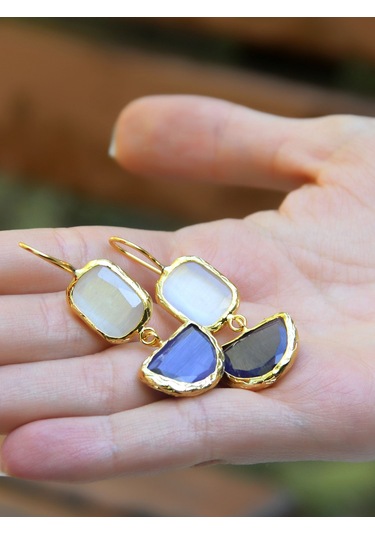 İkili Model Kedigözü Cam Sallantılı Kadın Küpe Euku26l Lacivert