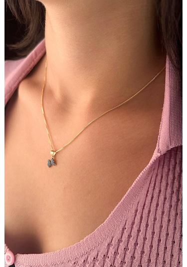 Fiyonk Kuyumculuk 14 Ayar Altın İpek Zincir Firuze Taşlı Kelebek Kolye 001