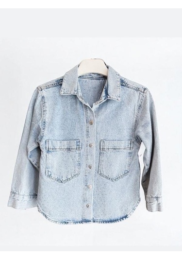 Kız Çocuk Taşlı Tasarım Kot Ceket-15581 Mavi