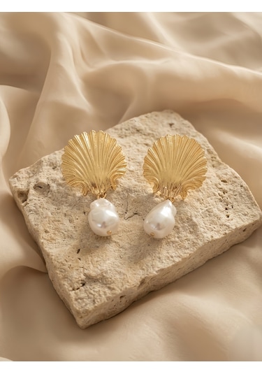 İstiridye Midye İnci Model Sallantılı Vintage Küpe Gold
