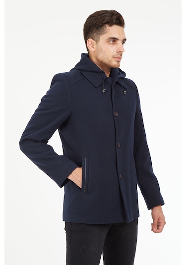 Sposo 1704 Çıkma Kapşonlu Yün Kaşe Açık Lacivert Erkek Kaban Açık Lacivert