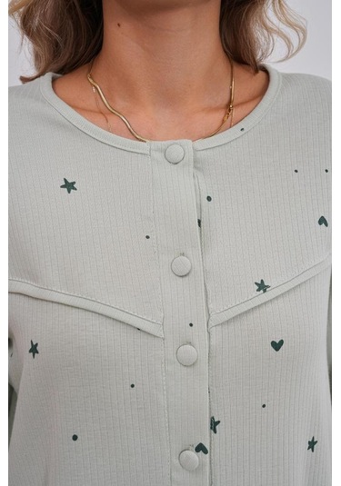 Mecit 6151 Bayan Yeşil Boydan Düğmeli Büyük Beden Pijama Takımı Yeşil