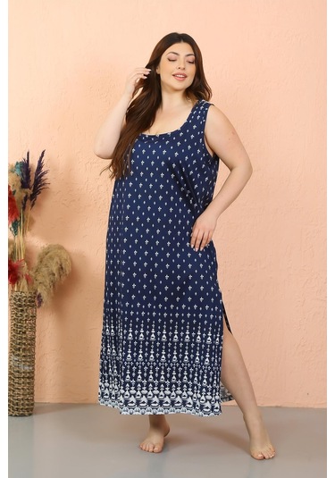 Akbeniz Kadın Büyük Beden Kalın Askılı Yırtmaçlı Gecelik 12103-lacivert Lacivert