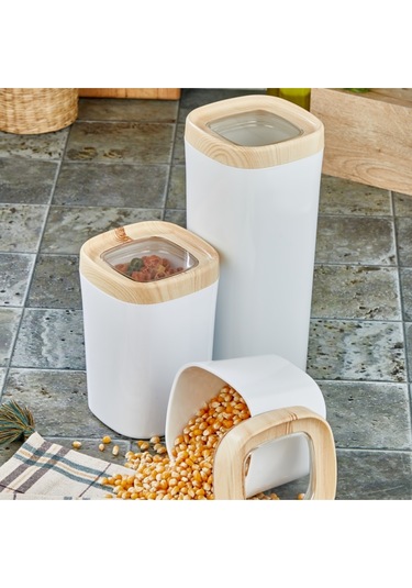 Ceronni Bonny Erzak Saklama Kabı 3lü Set Ahşap Kaplama Kapak Renkli Hazne 1,8lt - 1lt - 600ml Açık Ahşap Ahşap