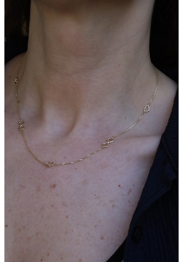 14 Ayar Altın Sıralı Kalp Ve Kurdeleli Kolye Sarı Altın