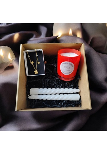 Denic Hediye Seti Kokulu Kırmızı Bardak Mum Yonca Kolye  Beyaz Burgulu Mum
