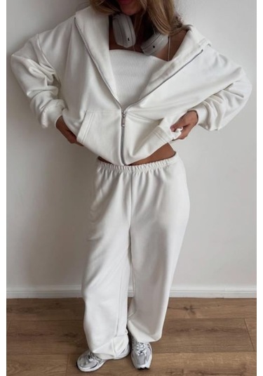 Beyaz Geniş Paça Basic Kadın Eşofman Altı Mg2553 Beyaz