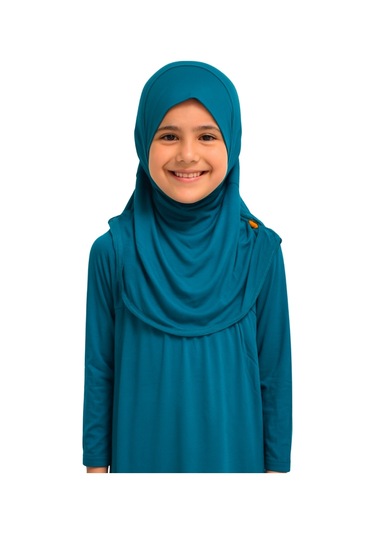 Penye Kendinden Başörtülü Çocuk Namaz Elbisesi Petrol Mavisi/ 6-7-8 Yaş Petrol