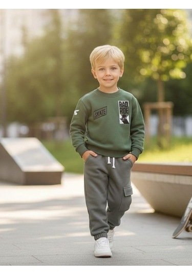 Zekids Erkek Çocuk Şardonlu Baskılı Eşofman Takım-16398 Yeşil