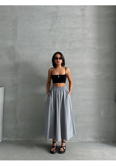 Kadın Beli Lastikli Dokuma Kloş Etek Gri