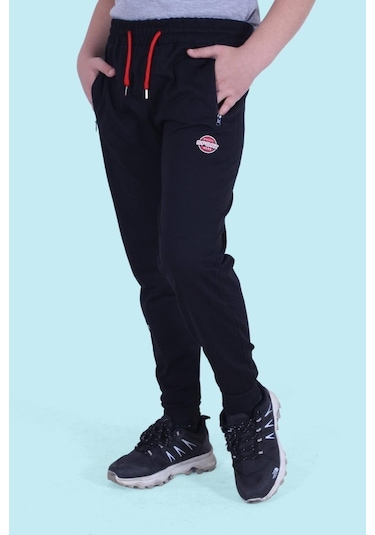 Fermuar Cep Detaylı, Yazı Baskılı Erkek Çocuk Eşofman Altı Siyah